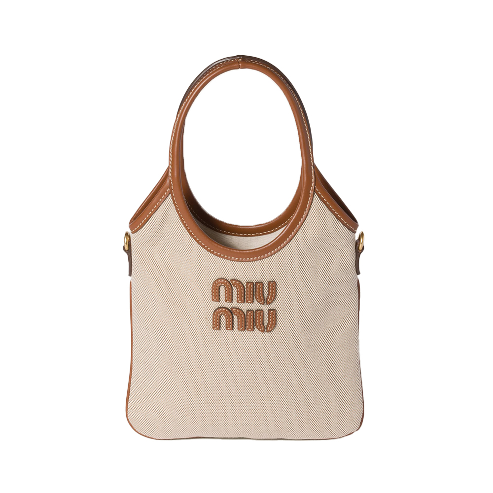 Miu Miu Ivy Mini Canvas Leather Tote Bag Beige / Brandy