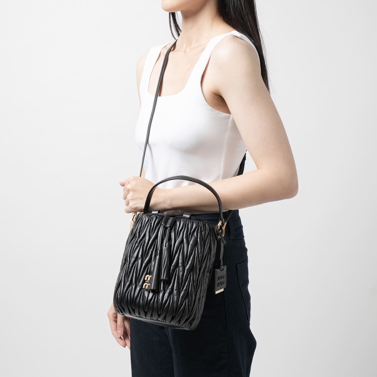 Miu Miu Matelassé Nappa Leather Bucket Bag Black – voilà.id