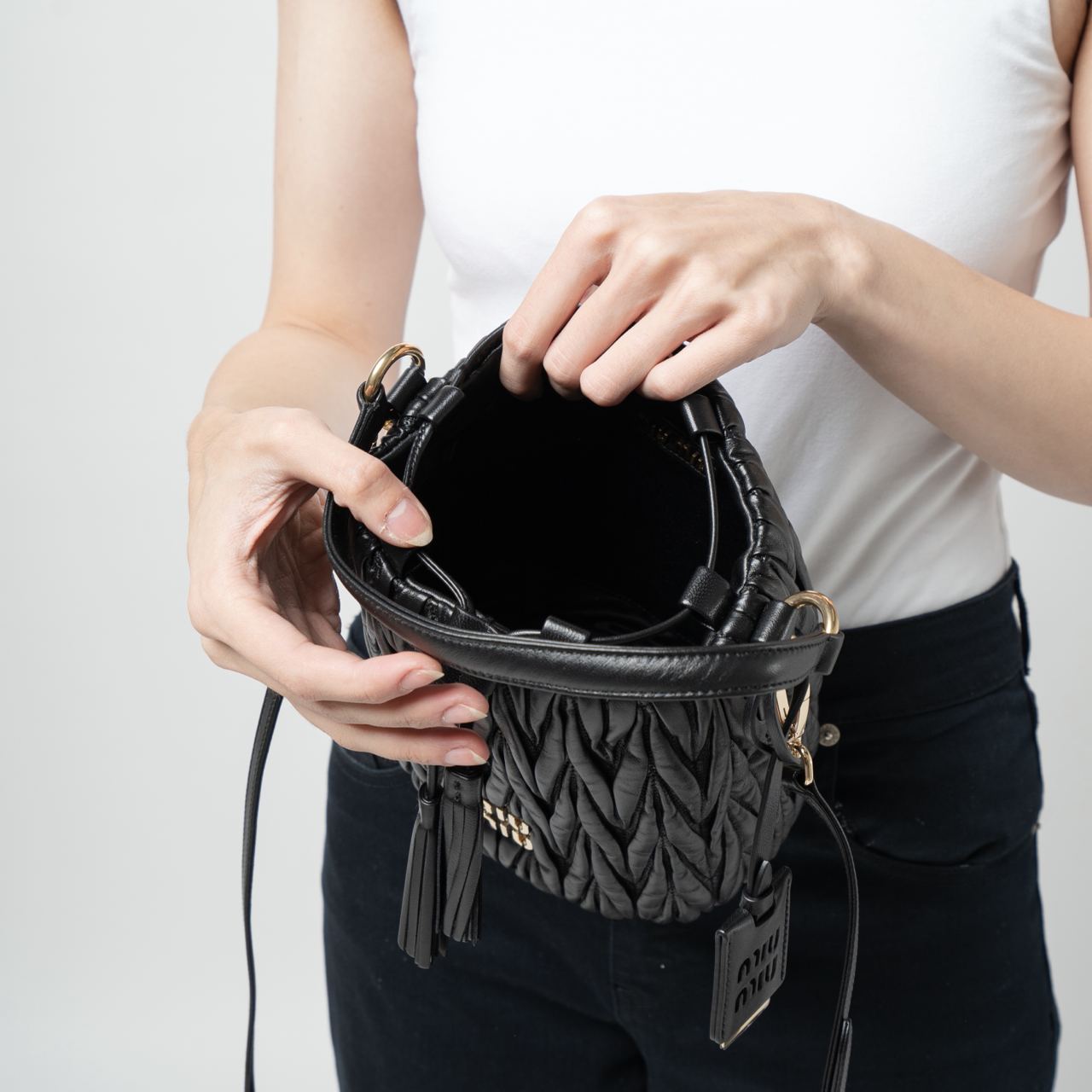 Miu Miu Matelassé Nappa Leather Bucket Bag Black – voilà.id
