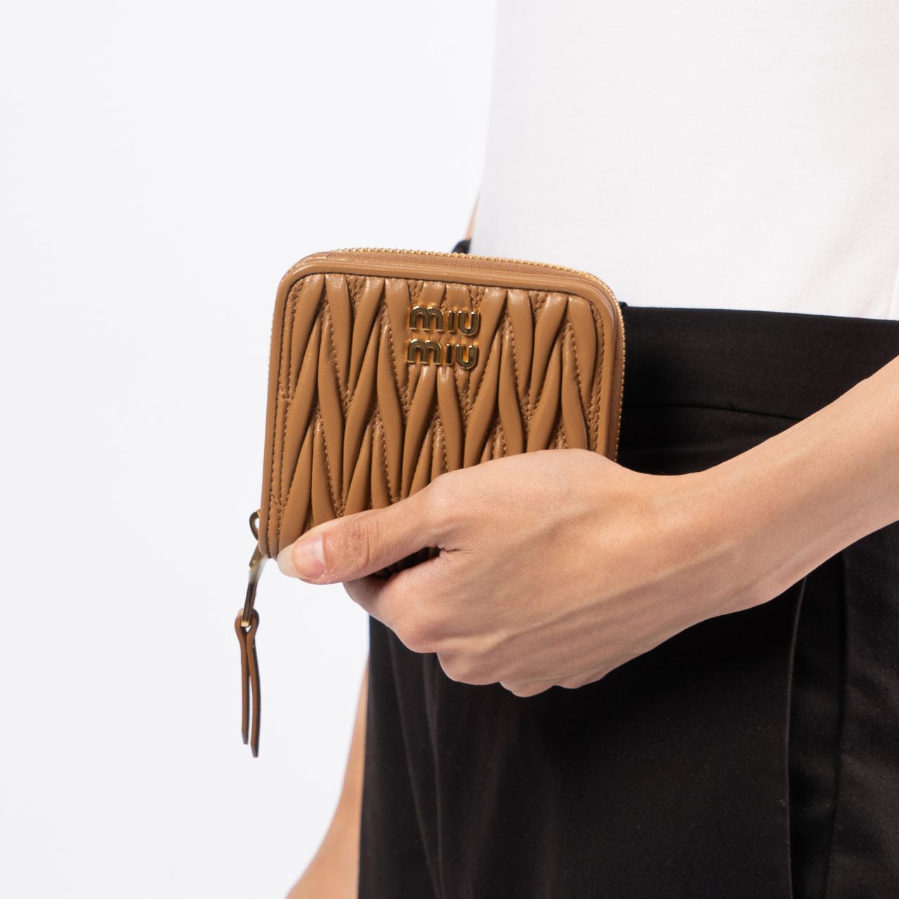 Miu Miu Small Matelassé Nappa Leather Zipper Wallet Caramel
