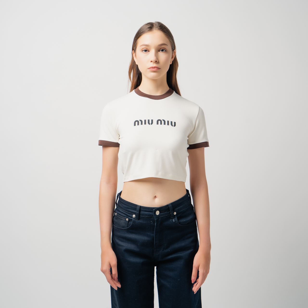 Miu Miu Logo Print Cropped T-Shirt Ivory – voilà.id