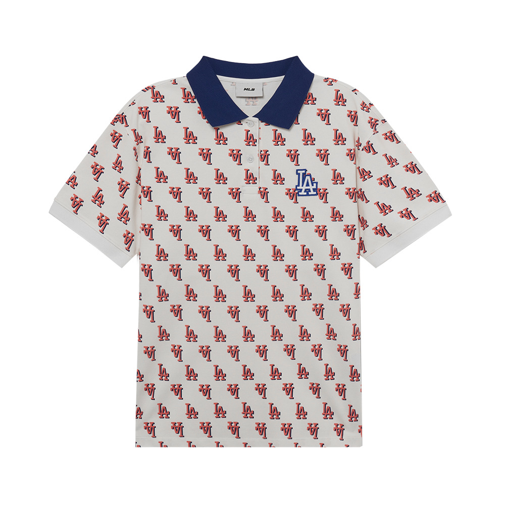 ☆関税込☆MLB★Women's Illusion Allover Crop T-shirt LA★ MLB LA Dodgers Monogram All Over Polo Shirt White/Pink Women