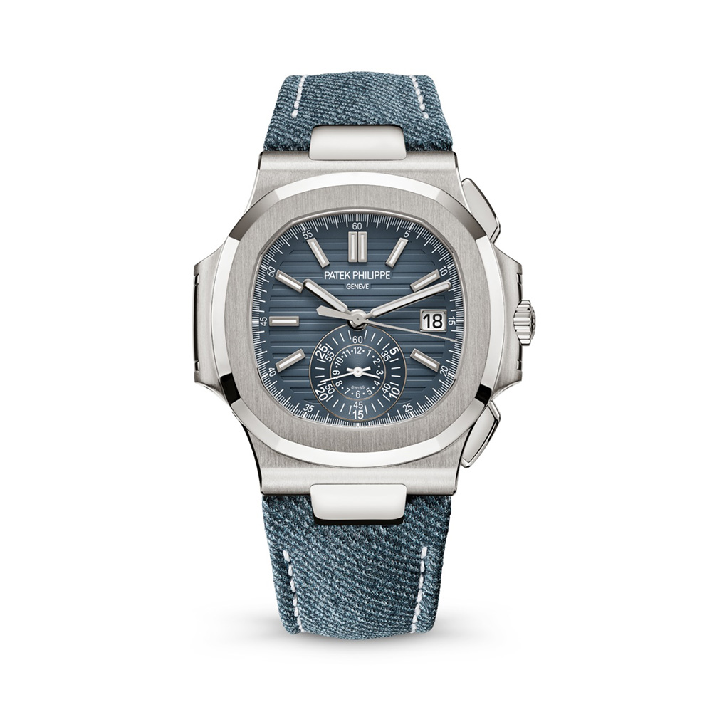 Patek Philippe Nautilus 40 5980/60G-001 Flyback Chronograph Opaline  Blue-gray Denim Strap