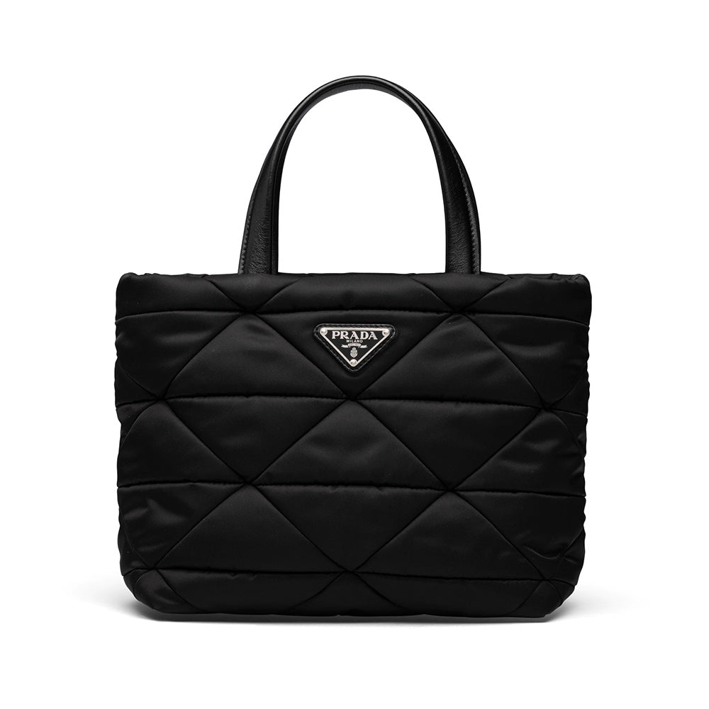 Prada ReNylon Padded Patchwork Motif Tote Bag Black voilà.id