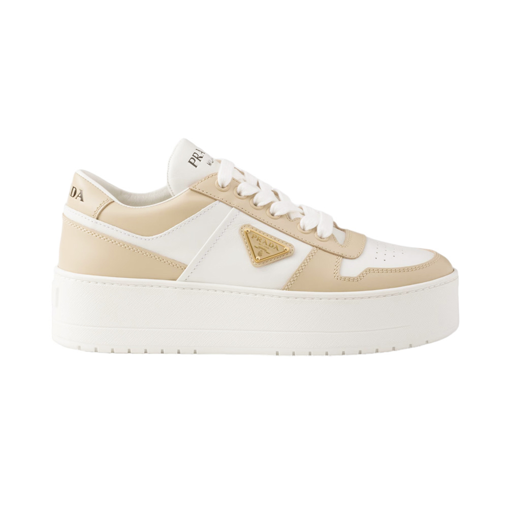 Prada Downtown Bold Perforated Leather Sneakers Desert White