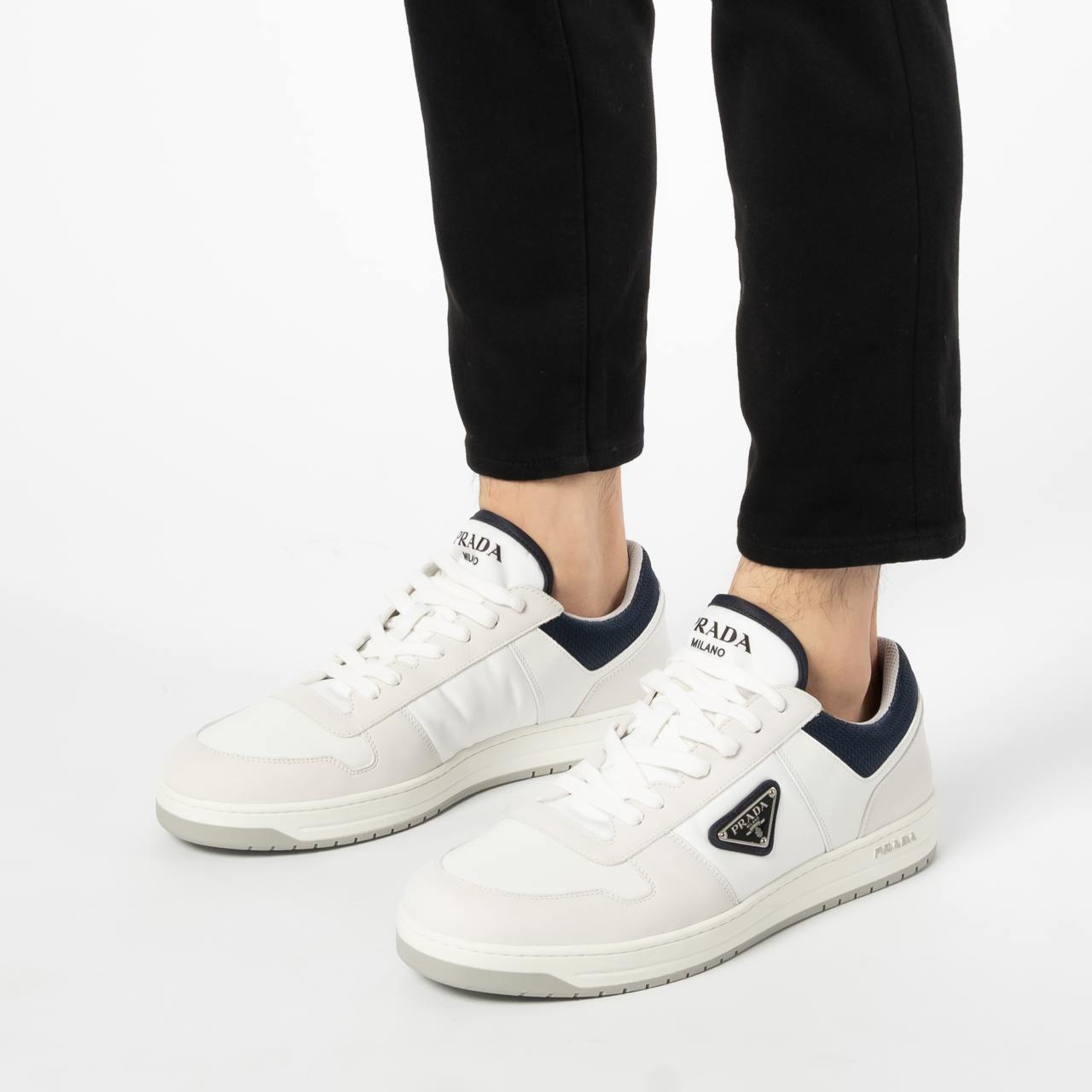 Prada Triangle Metal Logo Downtown Re-Nylon Sneakers White