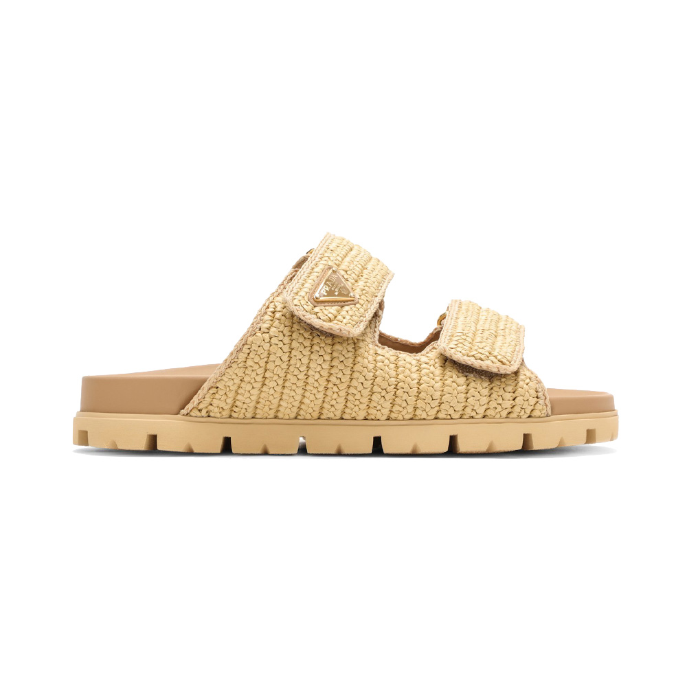 Prada Triangle Logo Raffia Woven Fabric Sandals Beige – voilà.id