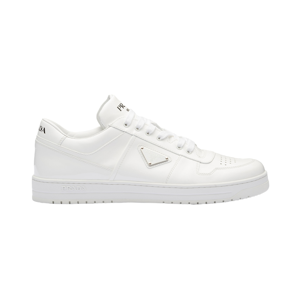Prada Enamel Triangle Logo Patent Leather Sneakers White