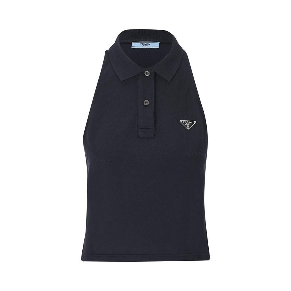 Prada Triangle Logo Button Polo Top Navy – voilà.id