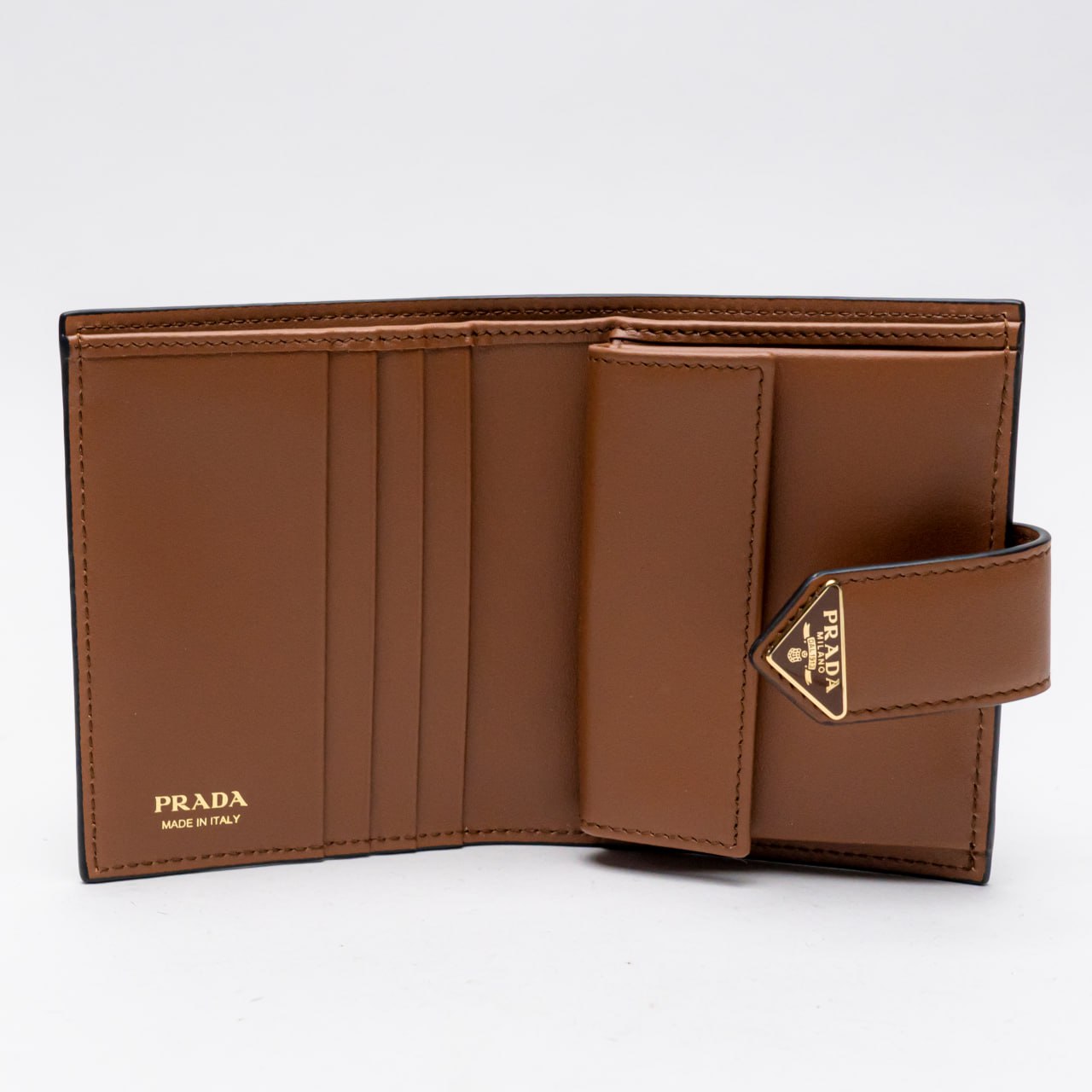 Prada Small Smooth Leather Bifold Wallet Triangle Logo Cognac