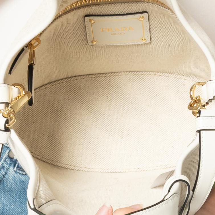 Prada Logo Embossed Linen Blend Leather Mini-Buckle Bag