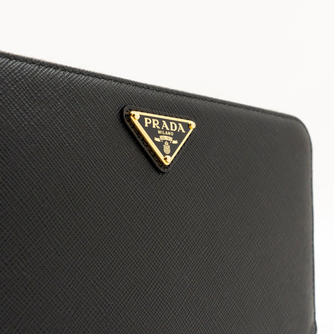 Prada Large Saffiano Triangle Logo Wallet Zipper Closure Black Ghw