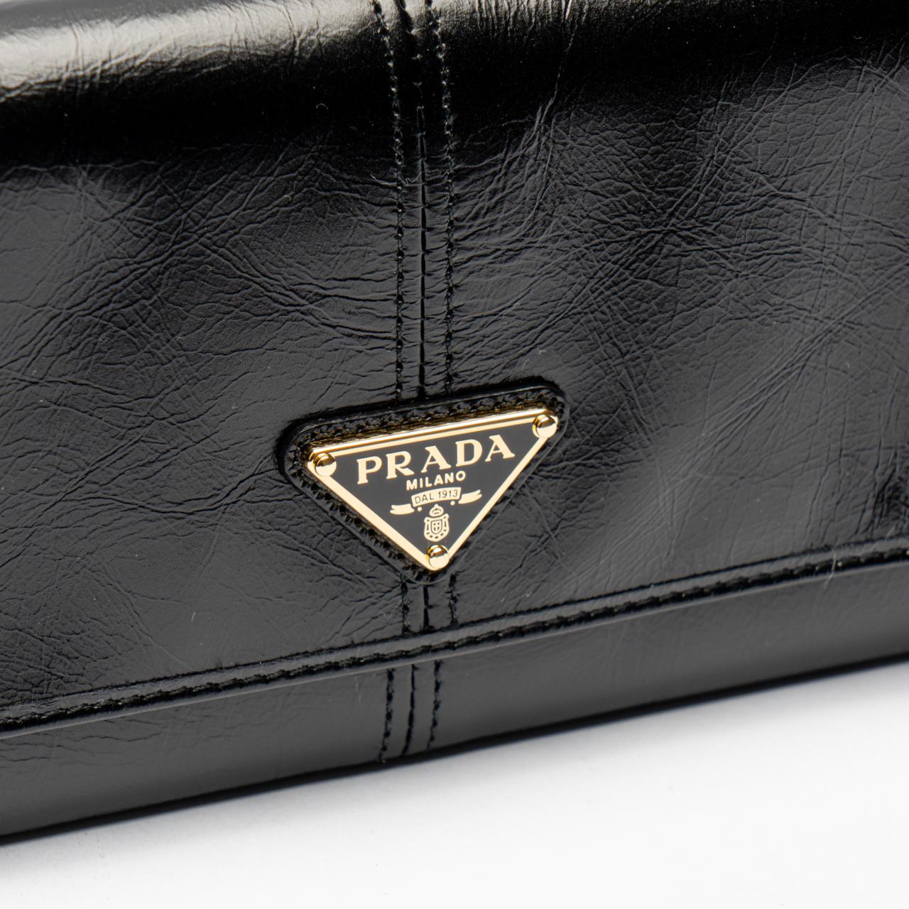 Prada Triangle Logo Leather Wallet with Shoulder Strap Black 