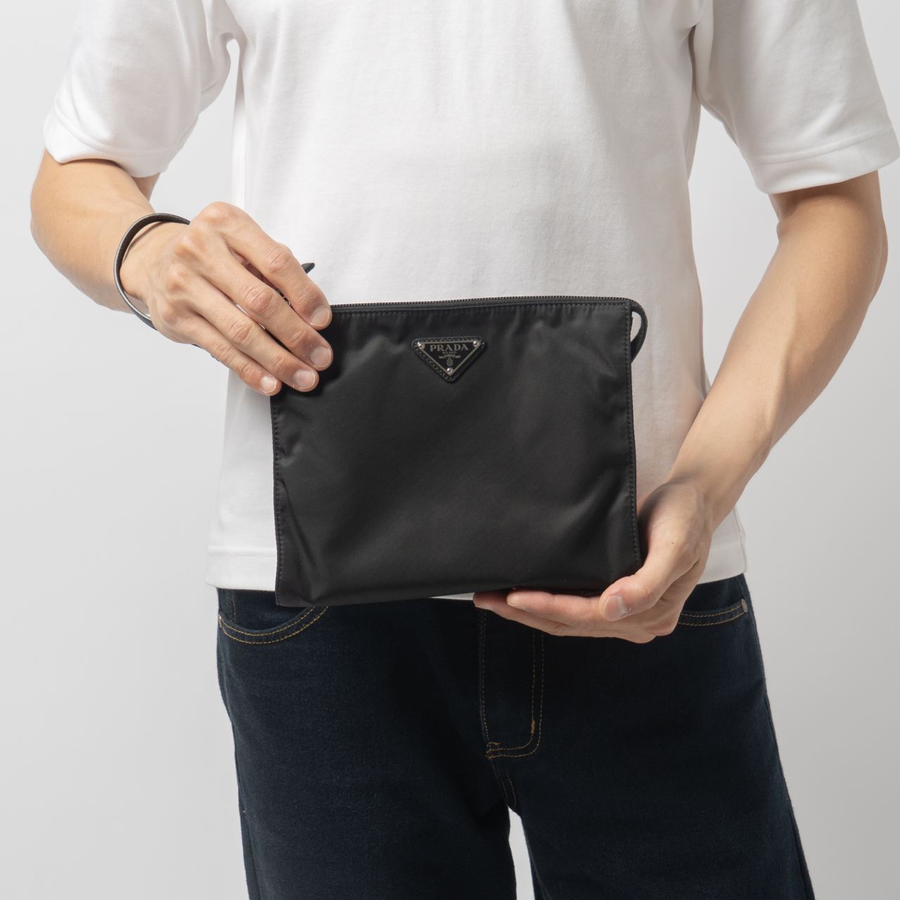 その他 Prada Black Re-Nylon Necessaire Prada Re-Nylon and Saffiano Leather Pouch with Triangle