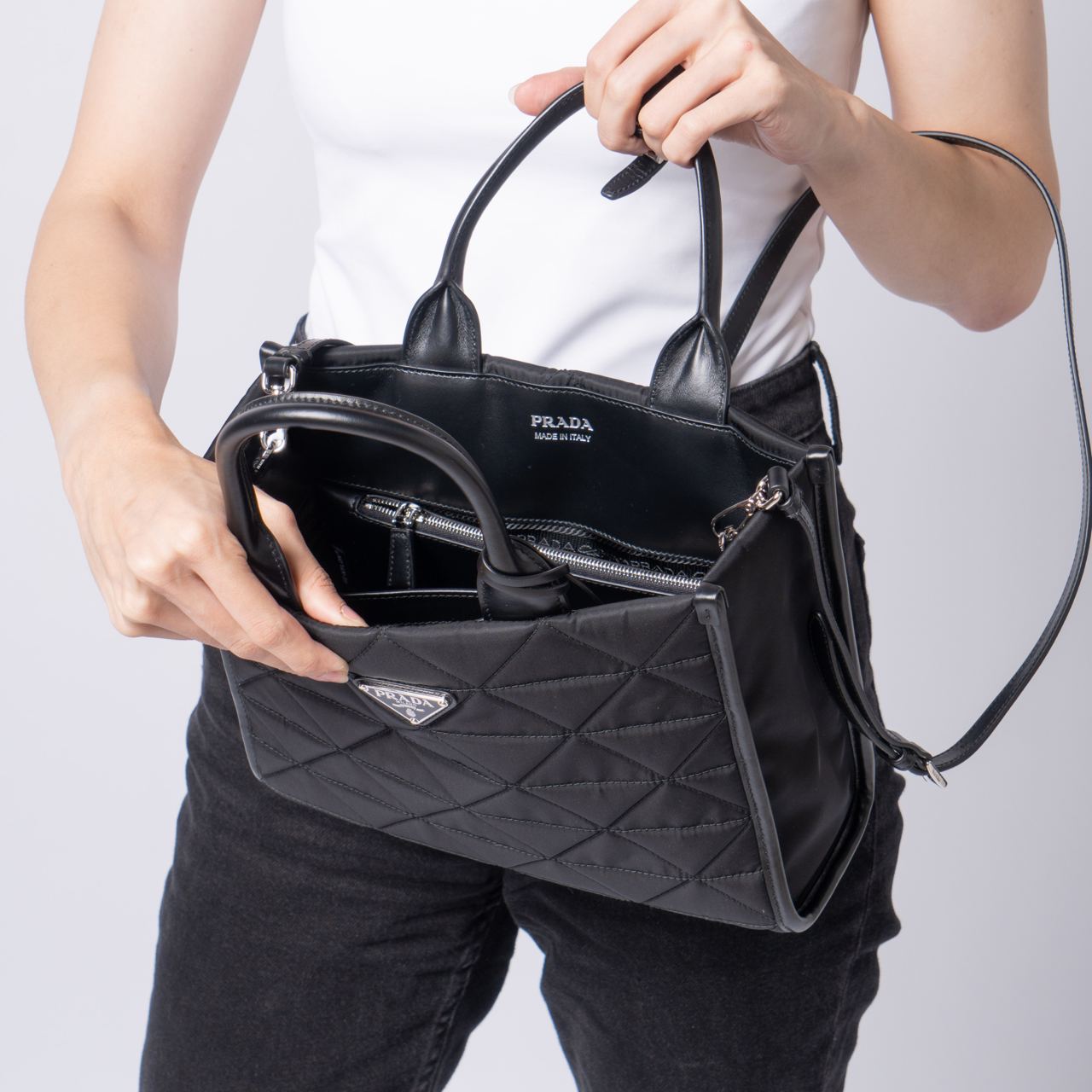 ★PRADA Pocono Nylon Triangle Logo Tote Bag Black★ Prada Tote Bag Triangle Logo Nylon Leather Black Pocono From