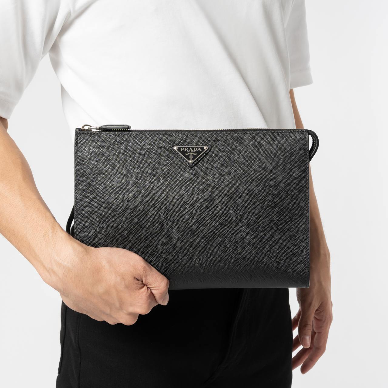 Prada Triangle Metal Logo-Print Saffiano Leather Clutch Black 