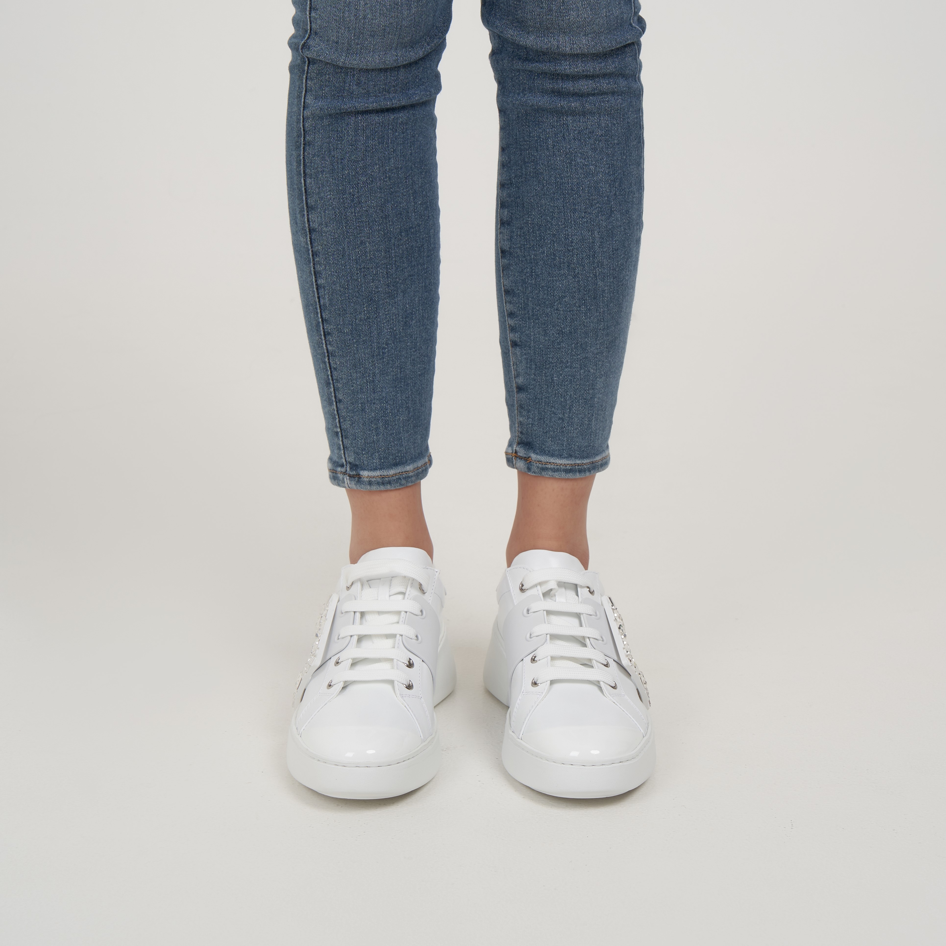 Roger Vivier Viv' Skate Strass Buckle Soft Leather Sneakers White