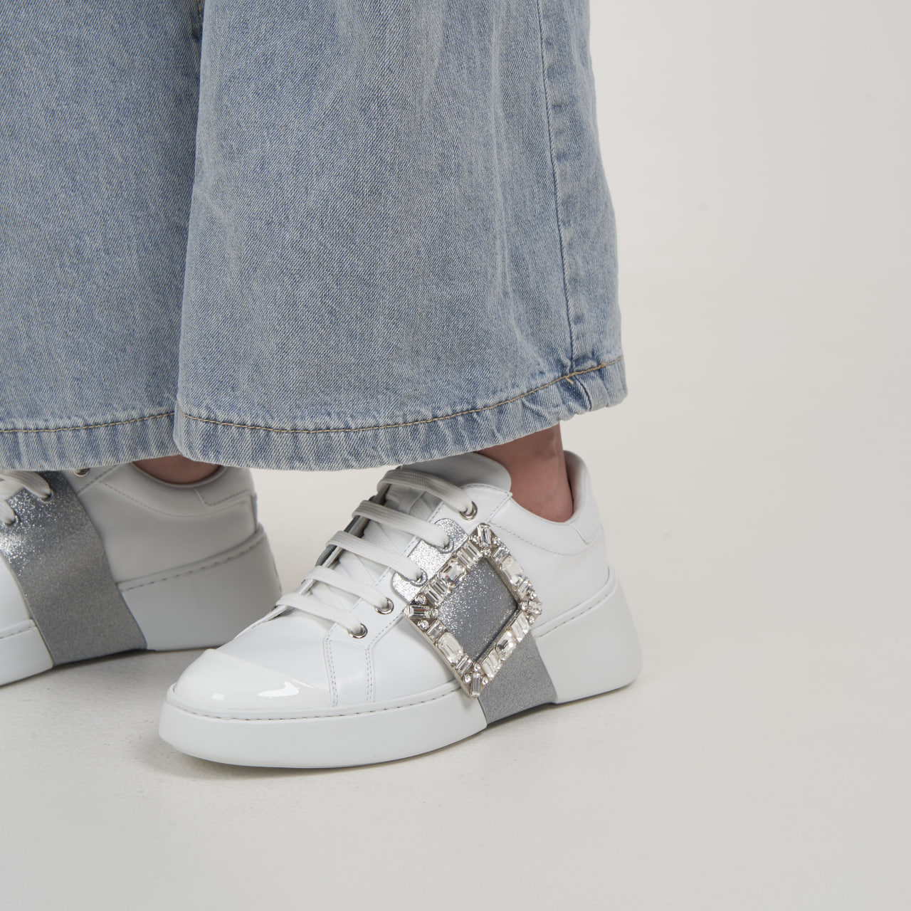 Roger Vivier Viv' Skate Glitter Strass Buckle Soft Leather