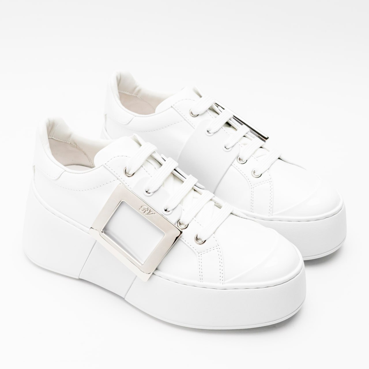 Roger Vivier Viv' Skate Metal Buckle Leather Sneakers White