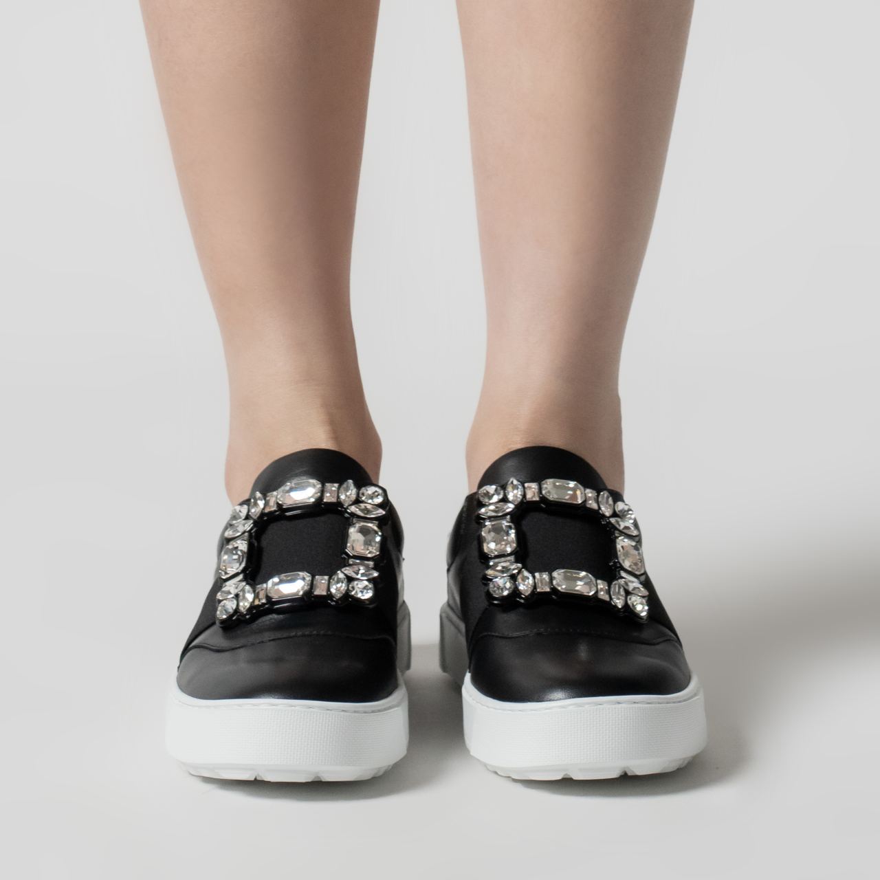 Very Vivier Strass Buckle Leather Sneakers Black