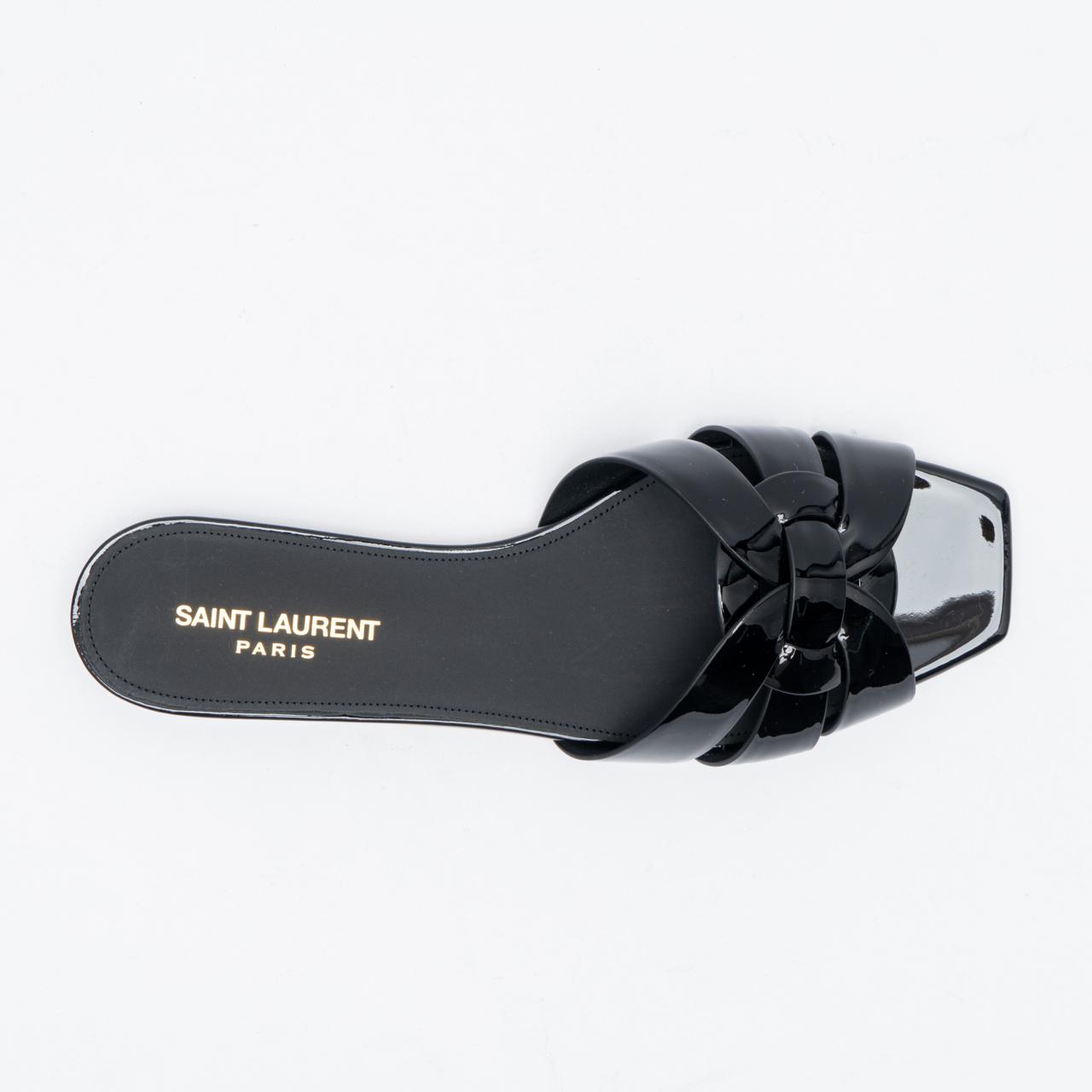 サンダル・ミュール SAINT LAURENT Slippers and Clogs Women Patent Leather Black Saint Laurent Black Patent Leather Tribute Flat Sandals Size
