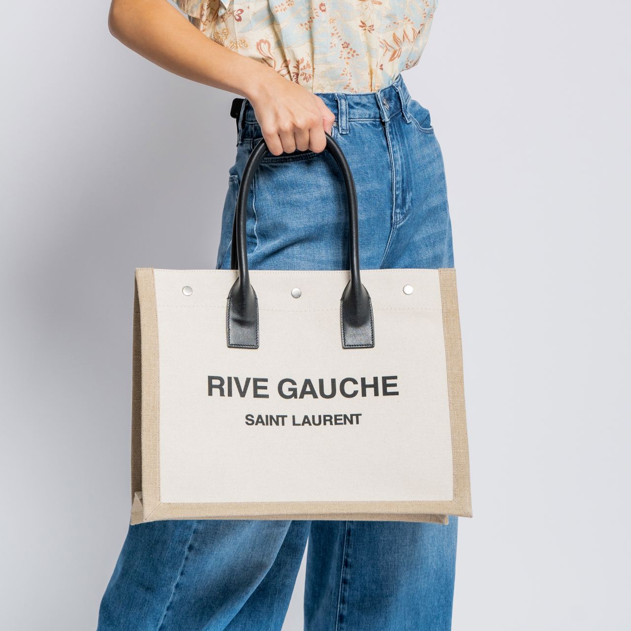 Saint Laurent Rive Gauche Small Tote Bag Linen and Leather Greige 