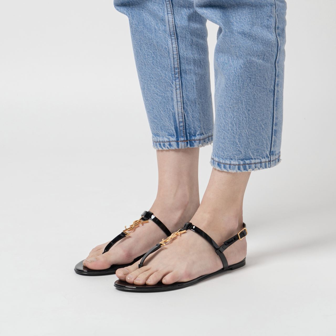 Saint Laurent Cassandra Sandals in Patent Leather Black