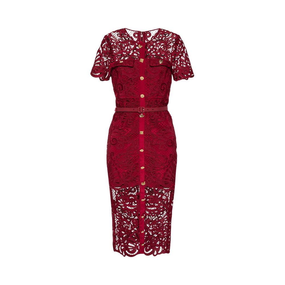 Self Portrait Guipure Lace Button Midi Dress Red – voilà.id