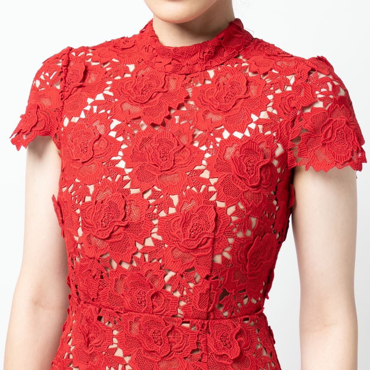 Self Portrait Flower Lace Midi Dress Red  voil.id