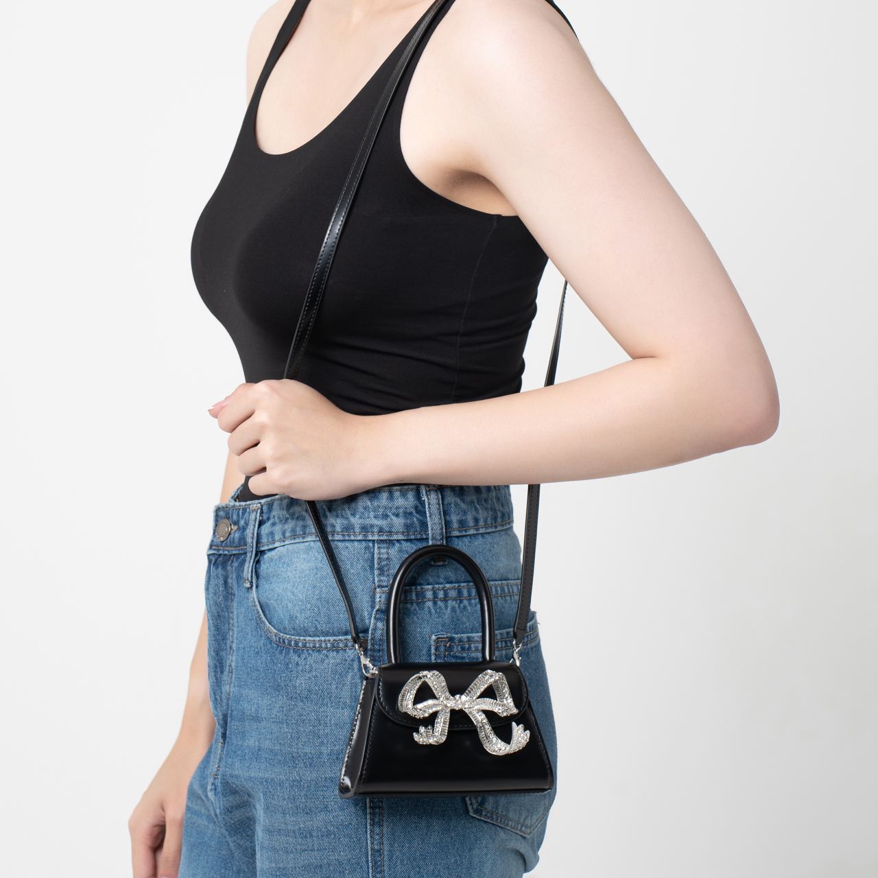 Self Portrait Micro Bow Top Handle Bag Black with Diamante