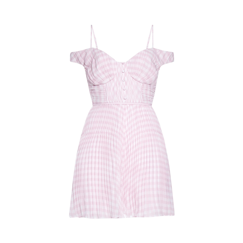 self portrait pink gingham dress SELF-PORTRAIT Gingham Off-The-Shoulder Chiffon Midi Dress