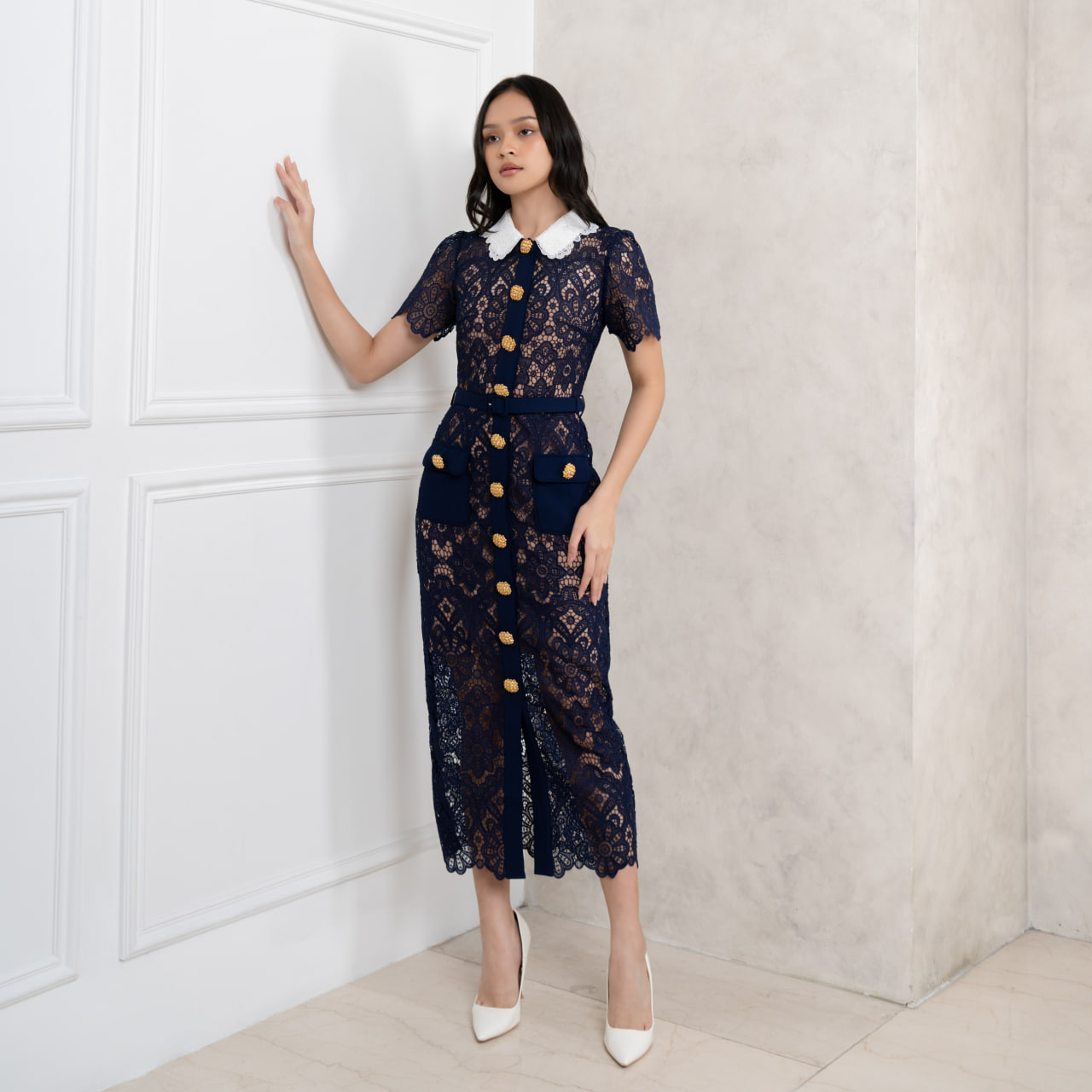 Self Portrait Floral Guipure Midi Dress Navy – voilà.id