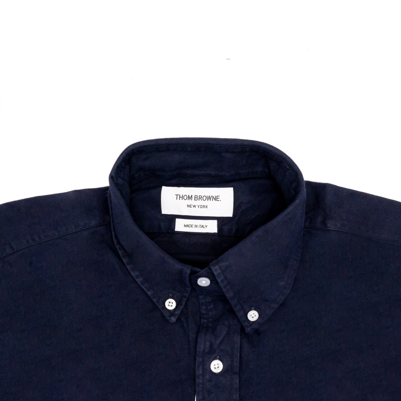 Thom Browne 4-Bar Nametag Straight Fit Solid Flannel Shirt Navy