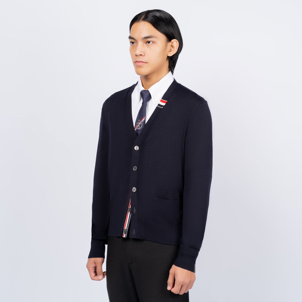 Stripe Relaxed V-Neck Cardigan Navy