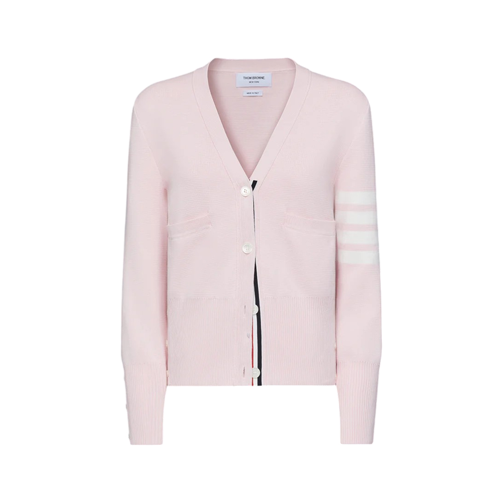 Thom Browne Cotton Crepe V-Neck 4-Bar Cardigan Light Pink