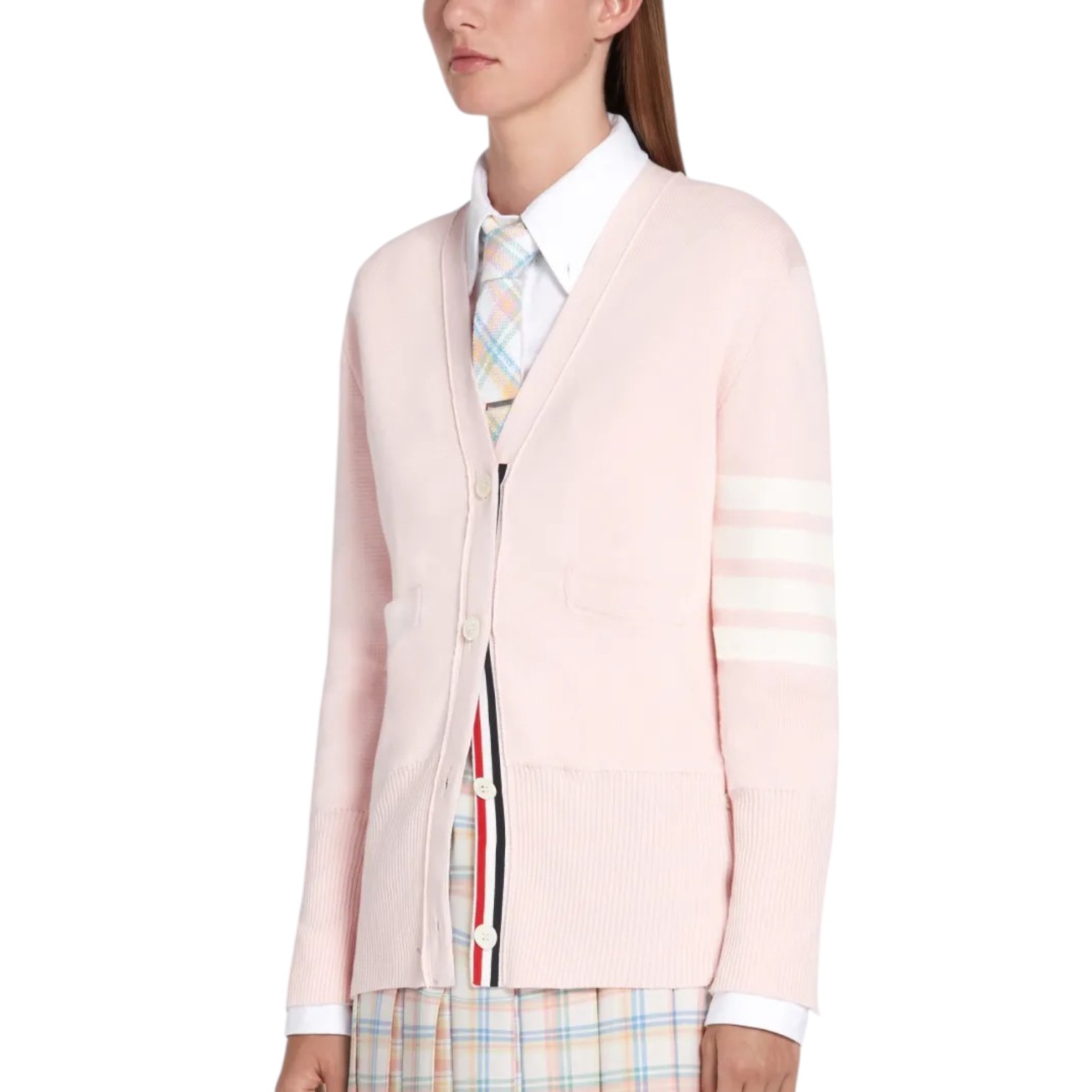 Thom Browne Cotton Crepe V-Neck 4-Bar Cardigan Light Pink