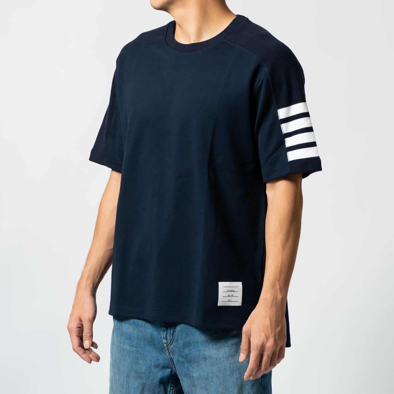 Thom Browne 4-Bar Stripe Sleeve T-Shirt Navy – voilà.id