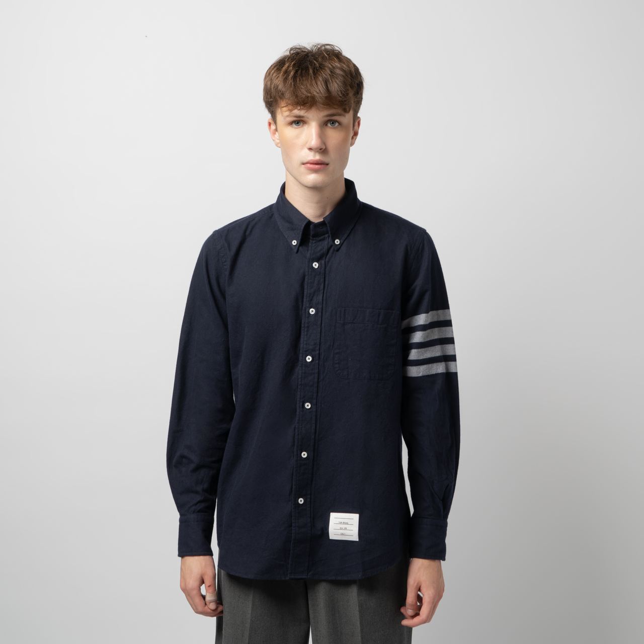Thom Browne 4-Bar Nametag Straight Fit Solid Flannel Shirt Navy