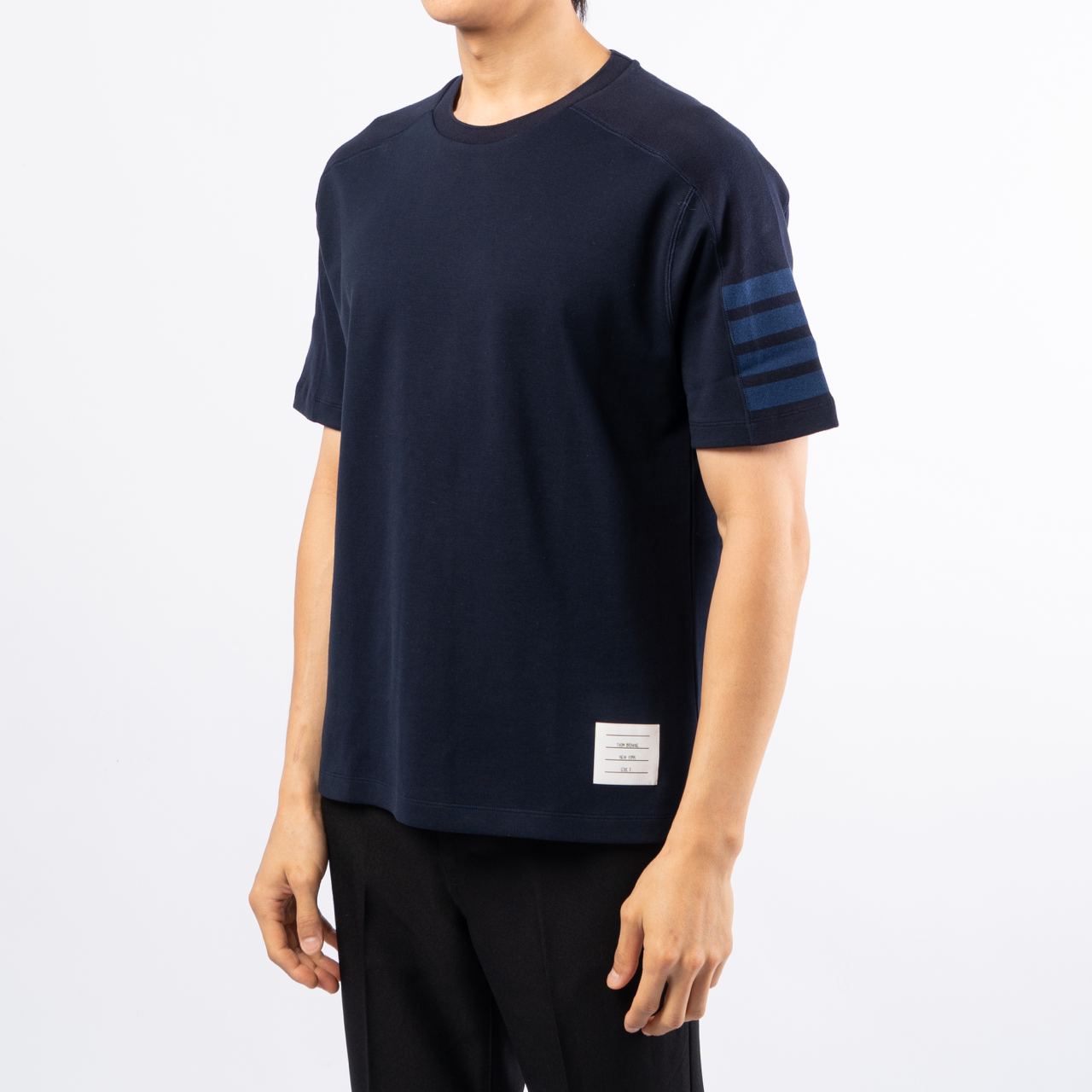 Thom Browne 4-Bar Blue Stripe Sleeve T-Shirt Navy – voilà.id