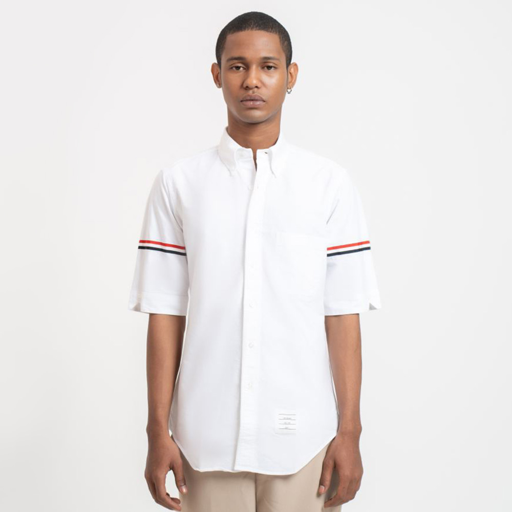 Tシャツ・カットソー THOM BROWNE RWB STRIPE COTTON T-SHIRT Thom Browne RWB Stripe Short Sleeve T-Shirt Navy at