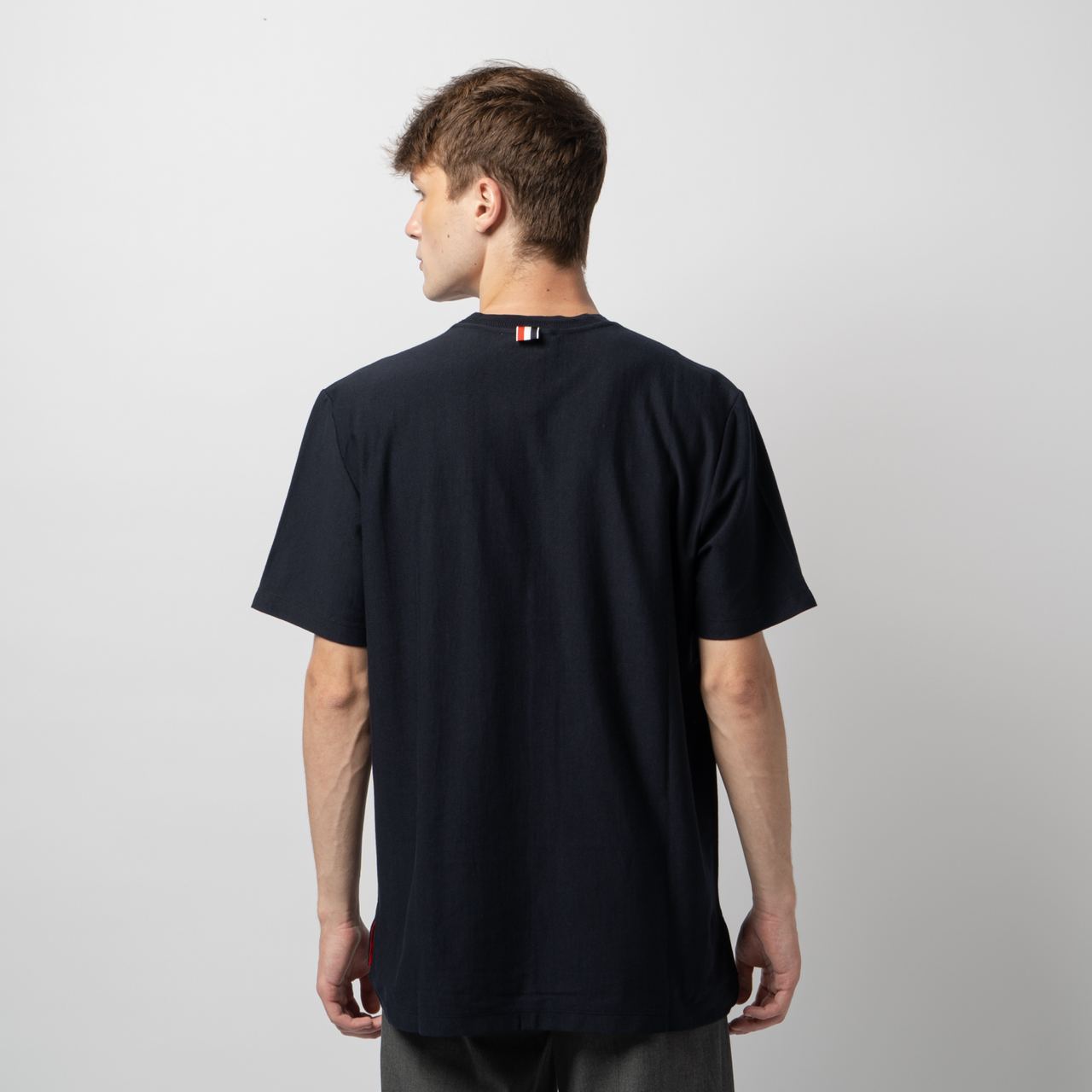 Thom Browne RWB Stripe at Front Left T-Shirt Grey – voilà.id