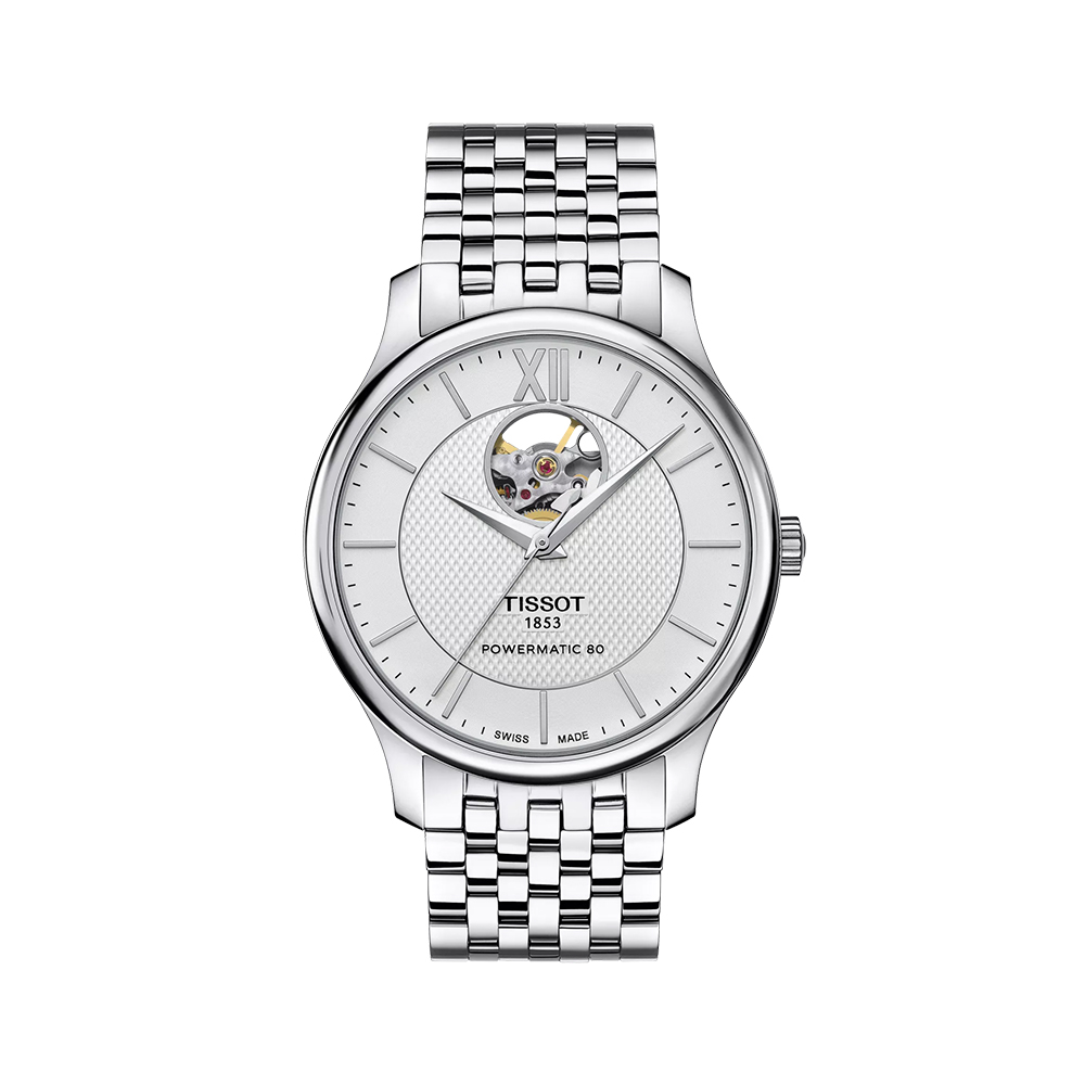 Tissot T-Classic Tradition Open Heart – Orologio Automatico Uomo, Acciaio, Quadrante Nero, Cinturino Pelle, Movimento Powermatic 80 - 3