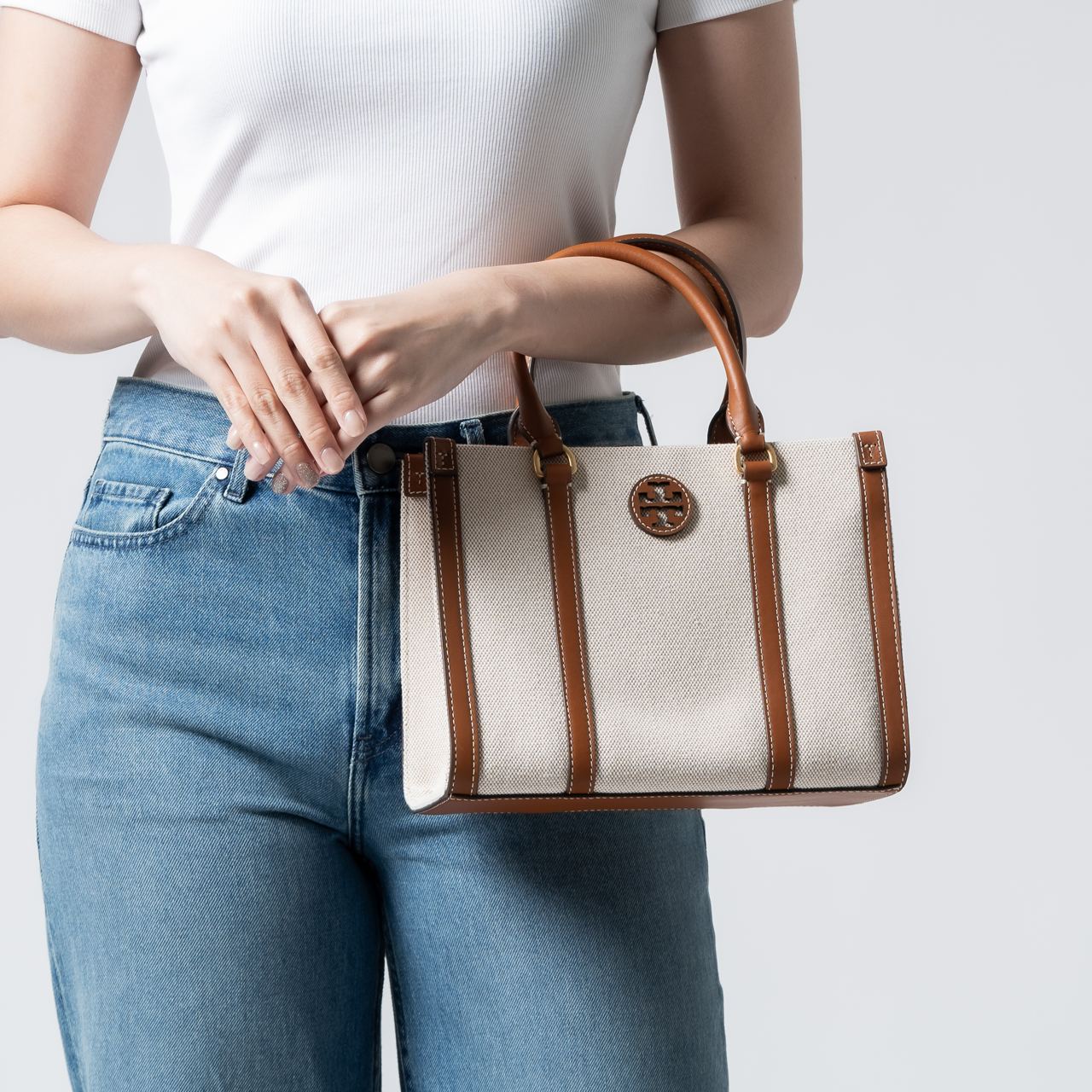 Tory Burch Blake Canvas Small Tote Bag Natural/Classic Cuoio