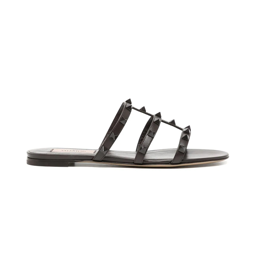 Valentino Garavani Rockstud Strappy Tonal Design Sandal Flat Black