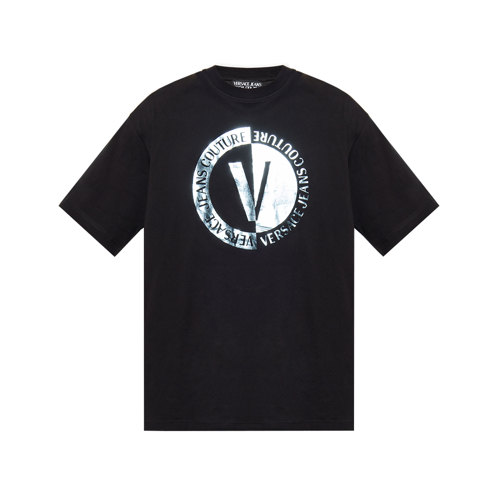 【関税＆送料込み】Versace Black Crewneck T-Shirt With Maxi VERSACE JEANS COUTURE Black Signature Label Print Sweatshirt