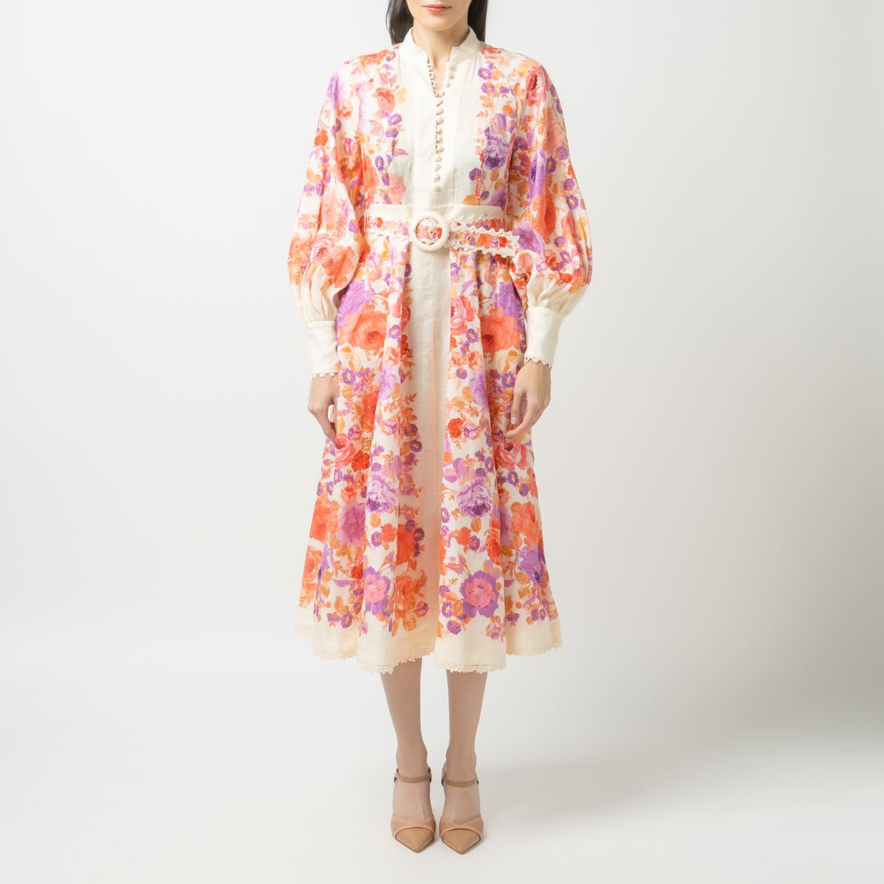 Zimmermann Raie Billow Sleeve Midi Dress Red Purple Floral –